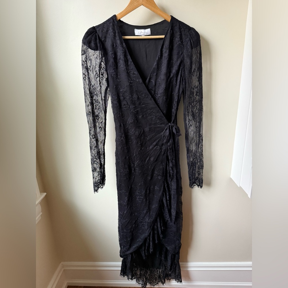 L'ACADEMIE Kathleen Midi Black‎ Lace Dress Revolve Whimsigoth Wrap Witchy S